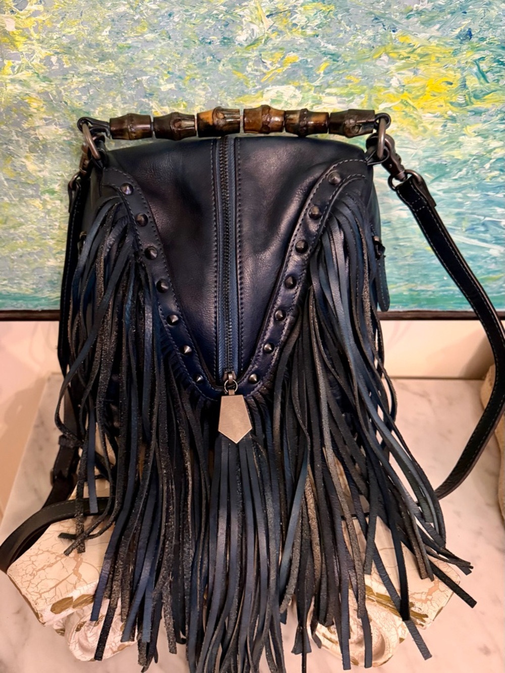 Vintage Dark Blue Fringe Leather Crossbody Bag with Bamboo Handle